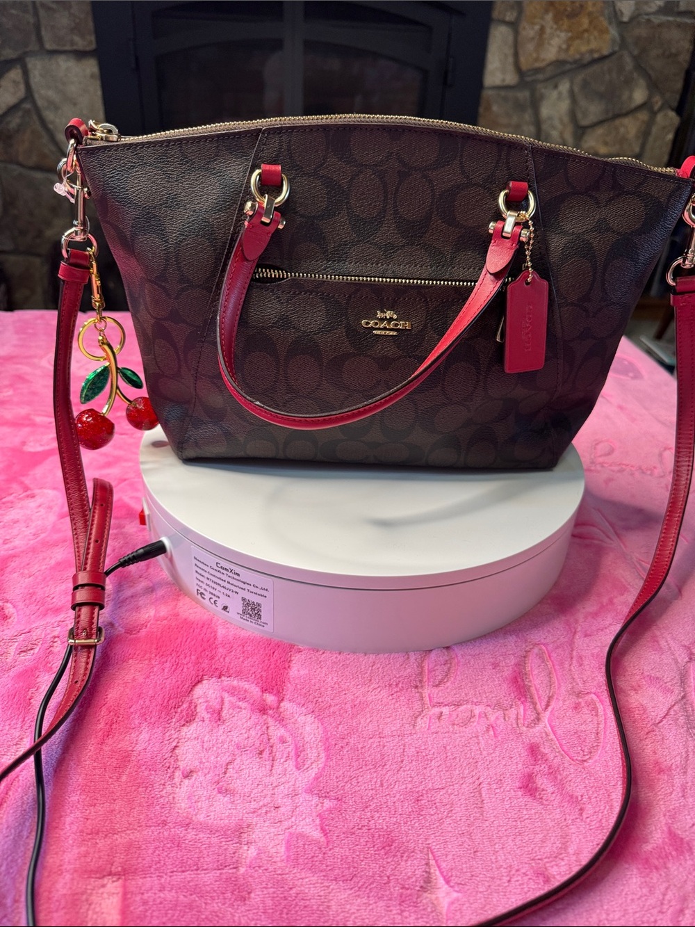 NWOT Coach Prairie Satchel Signature Canvas Brown Red Trim Cherry charm - Picture 10 of 11